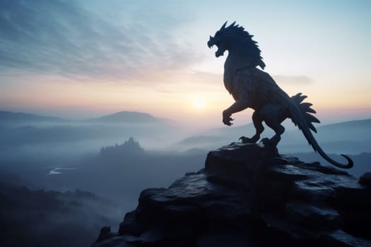 The griffin is a mythical creature known for its strength and protection. In this scene, the griffin is perched on top of a mountain peak at dawn, with its wings spread wide, creating a powerful and striking image that is both dramatic and misty. (generative AI)