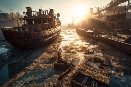 A photographer wanders a post-apocalyptic wasteland, capturing the stark beauty of a world long abandoned. The scene is desolate and surreal, with rusting ships strewn across toxic waters. The photographer captures the harsh, unforgiving nature of this desolate landscape, with its gritty textures and harsh lighting. (generative AI)