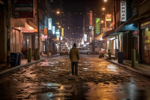 A person stands in the middle of a bustling city street at night, surrounded by the vibrant energy of the city. The shifting lights and sounds create a sensory overload that is both exhilarating and overwhelming. This scene can evoke feelings of loneliness, excitement, and a sense of being alive in the midst of the chaotic world. (generative AI)