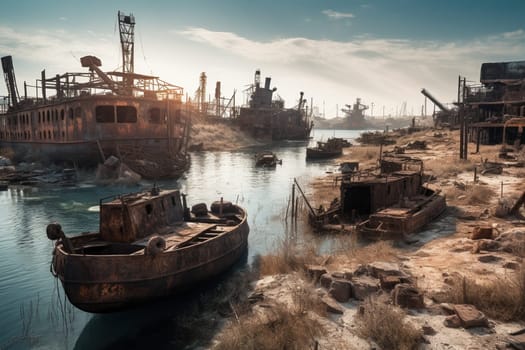 A photographer wanders a post-apocalyptic wasteland, capturing the stark beauty of a world long abandoned. The scene is desolate and surreal, with rusting ships strewn across toxic waters. The photographer captures the harsh, unforgiving nature of this desolate landscape, with its gritty textures and harsh lighting. (generative AI)