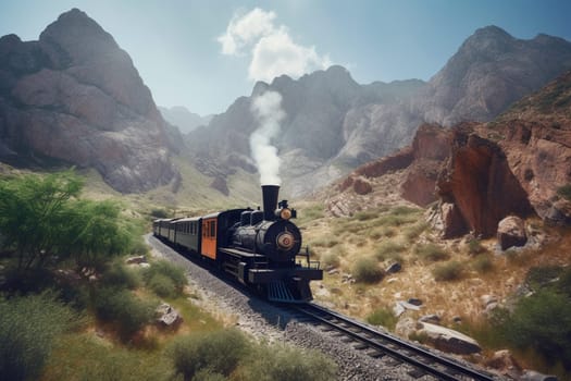 The steam train chugs through the mountains, its vintage design and clouds of steam transporting passengers back in time. The stunning scenery of the mountain landscape only adds to the retro charm of the journey. (generative AI)