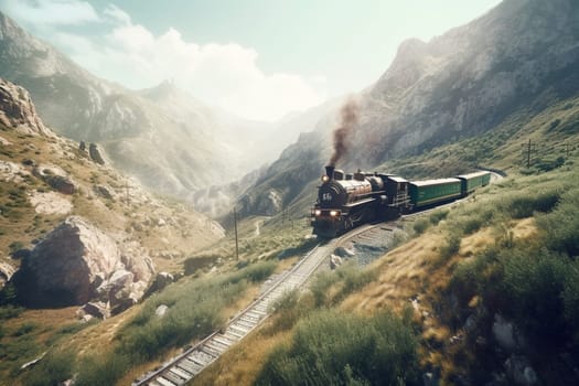 The steam train chugs through the mountains, its vintage design and clouds of steam transporting passengers back in time. The stunning scenery of the mountain landscape only adds to the retro charm of the journey. (generative AI)
