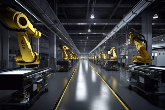 In this highly advanced manufacturing facility, robots work tirelessly on an assembly line to create high-quality products with extreme efficiency. With their precision and speed, they are able to increase productivity and drive the success of the company. (generative AI)
