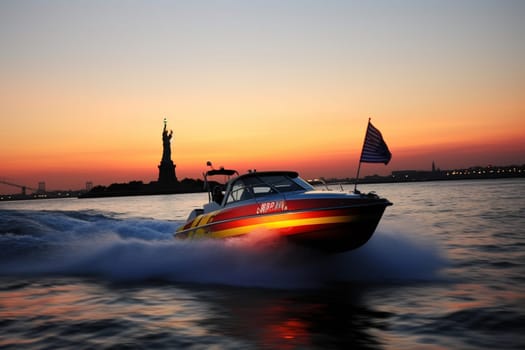An exciting speedboat moves rapidly past the iconic Statue of Liberty against the backdrop of a beautiful, twilight sky. The powerful boat and its vibrant colors create an energetic ambiance as it speeds through the urban waters under the shadow of the great statue. (generative AI)