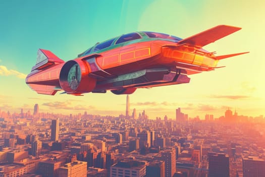 A stylish, retro-inspired flying car rises above the towering skyscrapers of a bustling futuristic cityscape. Its aerodynamic design features clean lines and bold colors, turning heads as it soars effortlessly through the air. (generative AI)