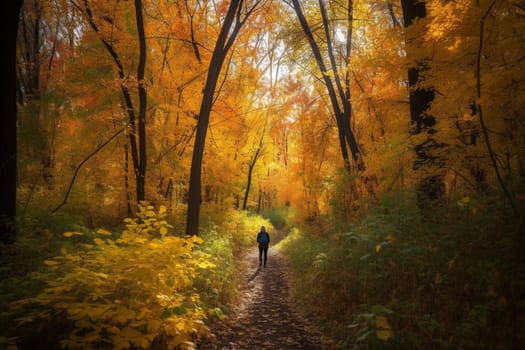 A person walks through a forest in the fall, surrounded by the warm colors of the changing leaves. The scene is cozy and peaceful, evoking feelings of comfort and serenity. This scene captures the beauty of nature during the fall season. (generative AI)