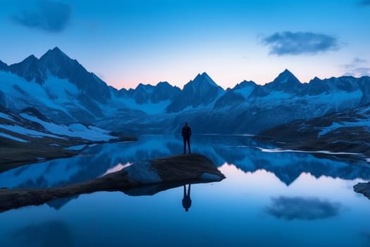 A lone figure stands in front of an awe-inspiring mountain range. The blue hour light creates a serene and peaceful atmosphere, allowing the viewer to reflect on the grandeur of nature. The panoramic view of the mountains and valleys evokes a sense of wonder and awe at the vastness of the landscape. This scene can evoke feelings of appreciation, reflection, and introspection. (generative AI)