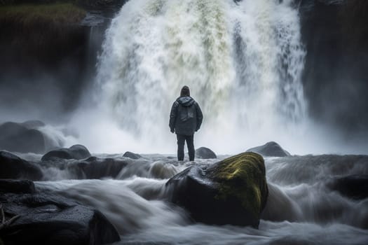 By the side of a powerful waterfall, a person stands, feeling the immense power of the rushing water against their skin. The scene is awe-inspiring and majestic, with the beauty of nature all around them. This setting can evoke feelings of reflection, inspiration, and the sheer power of the natural world. (generative AI)