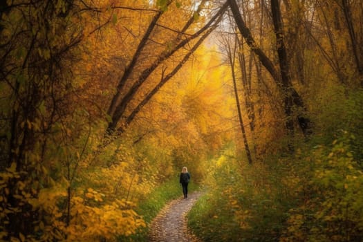 A person walks through a forest in the fall, surrounded by the warm colors of the changing leaves. The scene is cozy and peaceful, evoking feelings of comfort and serenity. This scene captures the beauty of nature during the fall season. (generative AI)