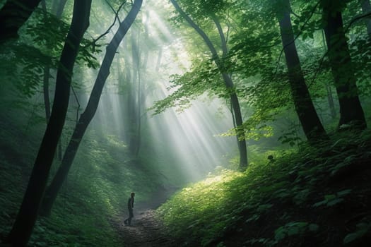 A person walks through a mystical and misty forest, with shafts of light shining through the trees. The atmospheric and mysterious atmosphere induces a sense of inner reflection and contemplation, with the green surroundings providing a peaceful and serene ambiance. This scene is perfect for those seeking a dreamy and magical location in which to explore their innermost thoughts. (generative AI)