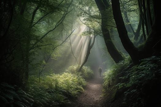 A person walks through a mystical and misty forest, with shafts of light shining through the trees. The atmospheric and mysterious atmosphere induces a sense of inner reflection and contemplation, with the green surroundings providing a peaceful and serene ambiance. This scene is perfect for those seeking a dreamy and magical location in which to explore their innermost thoughts. (generative AI)