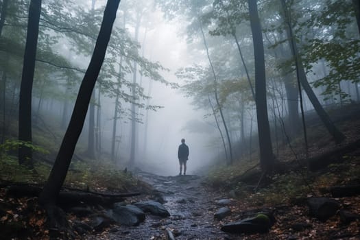Lost in the middle of a dense and foggy forest, a person stands, feeling the mist all around them. The scene is mysterious and moody, with the sound of rustling leaves and branches all around them. This setting can evoke feelings of introspection, reflection, and the eerie beauty of the natural world. (generative AI)