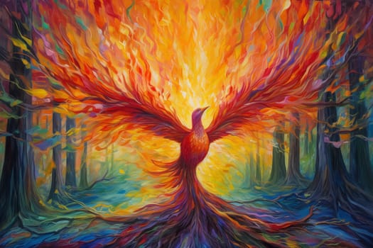 The phoenix is a magnificent bird of legend, known for its powerful magic and ability to rise from the ashes. In this fiery scene, the phoenix rises from the singed ground of a forest grove, creating a vibrant and dynamic display of power and beauty. (generative AI)
