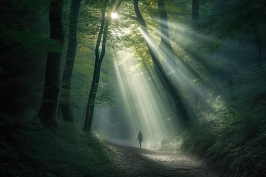 A person walks through a mystical and misty forest, with shafts of light shining through the trees. The atmospheric and mysterious atmosphere induces a sense of inner reflection and contemplation, with the green surroundings providing a peaceful and serene ambiance. This scene is perfect for those seeking a dreamy and magical location in which to explore their innermost thoughts. (generative AI)
