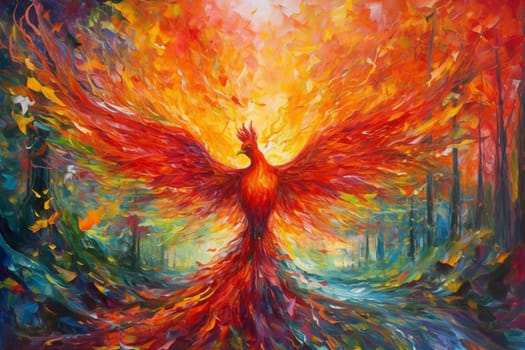 The phoenix is a magnificent bird of legend, known for its powerful magic and ability to rise from the ashes. In this fiery scene, the phoenix rises from the singed ground of a forest grove, creating a vibrant and dynamic display of power and beauty. (generative AI)
