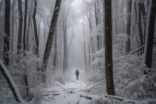 A person walks through a snow-covered forest during a gentle snowfall. The magical and dreamy atmosphere is heightened by the mystical and soft light emanating from the surroundings. The scene creates a peaceful and romantic atmosphere, ideal for introspection and stillness. (generative AI)