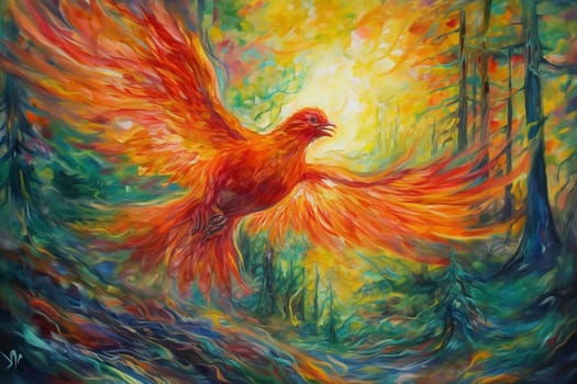 The phoenix is a magnificent bird of legend, known for its powerful magic and ability to rise from the ashes. In this fiery scene, the phoenix rises from the singed ground of a forest grove, creating a vibrant and dynamic display of power and beauty. (generative AI)