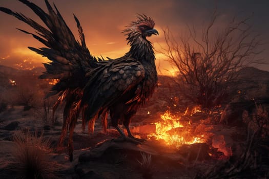 The phoenix, a mythological bird that represents rebirth and renewal, is seen rising from the ashes in a barren wasteland. The dramatic and fiery scene is both apocalyptic and post-apocalyptic, causing a mix of emotions in the viewer. This dark fantasy scene is one of power, resilience, and beauty. (generative AI)