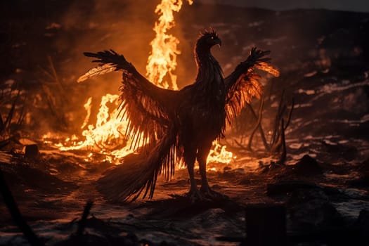 The phoenix, a mythological bird that represents rebirth and renewal, is seen rising from the ashes in a barren wasteland. The dramatic and fiery scene is both apocalyptic and post-apocalyptic, causing a mix of emotions in the viewer. This dark fantasy scene is one of power, resilience, and beauty. (generative AI)