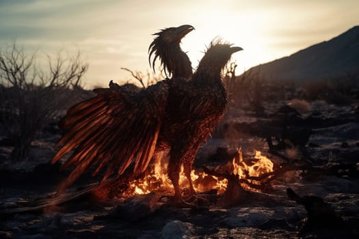 The phoenix, a mythological bird that represents rebirth and renewal, is seen rising from the ashes in a barren wasteland. The dramatic and fiery scene is both apocalyptic and post-apocalyptic, causing a mix of emotions in the viewer. This dark fantasy scene is one of power, resilience, and beauty. (generative AI)