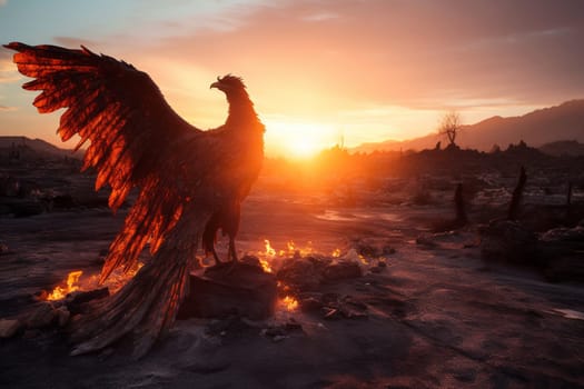 The phoenix, a mythological bird that represents rebirth and renewal, is seen rising from the ashes in a barren wasteland. The dramatic and fiery scene is both apocalyptic and post-apocalyptic, causing a mix of emotions in the viewer. This dark fantasy scene is one of power, resilience, and beauty. (generative AI)
