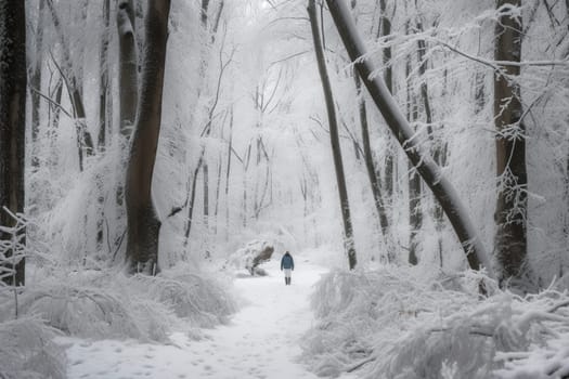 A person walks through a snow-covered forest during a gentle snowfall. The magical and dreamy atmosphere is heightened by the mystical and soft light emanating from the surroundings. The scene creates a peaceful and romantic atmosphere, ideal for introspection and stillness. (generative AI)