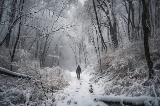 A person walks through a snow-covered forest during a gentle snowfall. The magical and dreamy atmosphere is heightened by the mystical and soft light emanating from the surroundings. The scene creates a peaceful and romantic atmosphere, ideal for introspection and stillness. (generative AI)