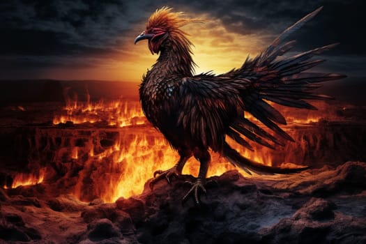The phoenix, a mythological bird that represents rebirth and renewal, is seen rising from the ashes in a barren wasteland. The dramatic and fiery scene is both apocalyptic and post-apocalyptic, causing a mix of emotions in the viewer. This dark fantasy scene is one of power, resilience, and beauty. (generative AI)