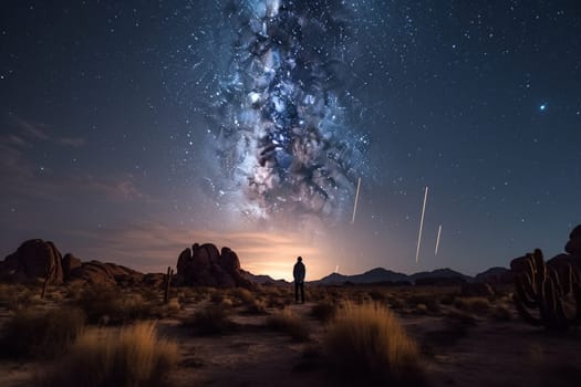 A person watches a meteor shower in the middle of a desert, surrounded by the mysterious and mystical atmosphere of the starry night. The scene is mysterious and dark, with the brightness of the meteors and stars adding a cosmic touch to the scene. The dark and starry atmosphere helps the mind to contemplate the vastness of the universe, and enter a reflective and awe-inspiring state. This scene can evoke feelings of mystery, wonder, and cosmic unity. (generative AI)