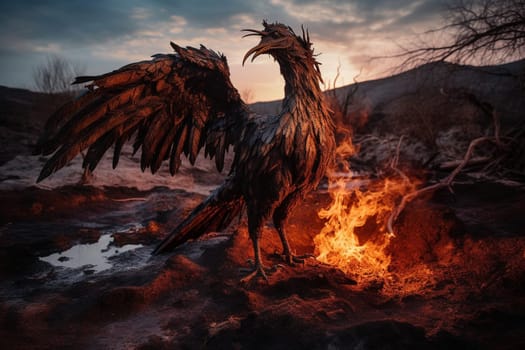 The phoenix, a mythological bird that represents rebirth and renewal, is seen rising from the ashes in a barren wasteland. The dramatic and fiery scene is both apocalyptic and post-apocalyptic, causing a mix of emotions in the viewer. This dark fantasy scene is one of power, resilience, and beauty. (generative AI)