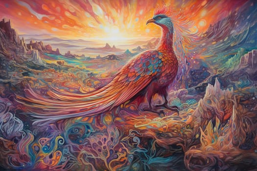 The phoenix is a powerful symbol of rebirth and renewal. In this scene, the phoenix is seen rising from the ashes in an otherworldly landscape that is surreal and fantastical. The colors are bright and glowing, creating a sense of magic and wonder. (generative AI)