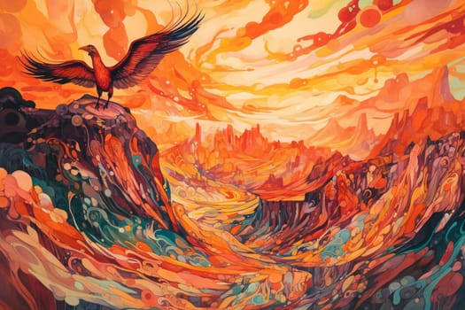 The phoenix is a symbol of rebirth and renewal, and can be seen soaring high above a fiery volcano in a mystical wasteland. The vibrant colors of the phoenix contrast beautifully with the warm, glowing lava, creating a scene that is both breathtaking and unforgettable. (generative AI)