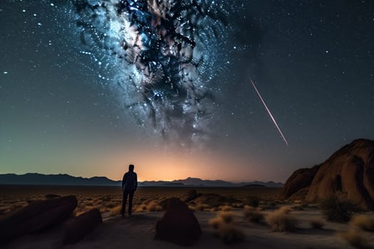 A person watches a meteor shower in the middle of a desert, surrounded by the mysterious and mystical atmosphere of the starry night. The scene is mysterious and dark, with the brightness of the meteors and stars adding a cosmic touch to the scene. The dark and starry atmosphere helps the mind to contemplate the vastness of the universe, and enter a reflective and awe-inspiring state. This scene can evoke feelings of mystery, wonder, and cosmic unity. (generative AI)