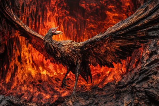 The phoenix spreads its fiery wings and soars through a dramatic inferno, with molten lava raging below. The scene is both beautiful and terrifying, evoking the power and majesty of this legendary creature. (generative AI)