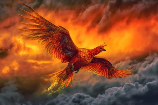The phoenix is a mythical bird that symbolizes rebirth and renewal. In this fiery scene, the phoenix soars through the stormy clouds of the sky, creating a vibrant and dynamic display of power and magic. (generative AI)