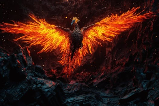 The phoenix spreads its fiery wings and soars through a dramatic inferno, with molten lava raging below. The scene is both beautiful and terrifying, evoking the power and majesty of this legendary creature. (generative AI)
