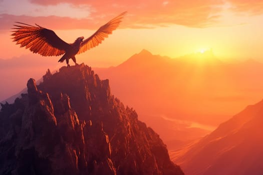 The phoenix is a mythical bird that is said to rise from the ashes of its own destruction. This majestic bird can be seen with its flaming feathers soaring over a mountain peak at dawn, creating a breathtaking scene that is both epic and fiery. (generative AI)