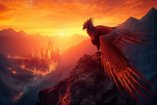 The phoenix is a mythical bird that is said to rise from the ashes of its own destruction. This majestic bird can be seen with its flaming feathers soaring over a mountain peak at dawn, creating a breathtaking scene that is both epic and fiery. (generative AI)