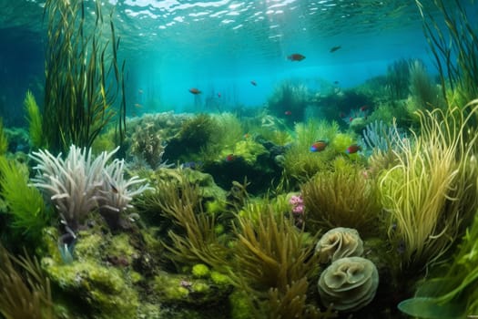 Immerse yourself in a breathtaking aquatic garden, where delicate seagrasses sway in the current and colorful anemones cling to the rocks. A diverse ecosystem of marine life coexists in the vibrant landscape, creating a peaceful and serene underwater paradise. (generative AI)