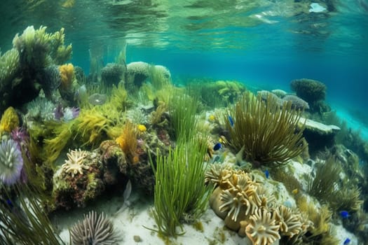 Immerse yourself in a breathtaking aquatic garden, where delicate seagrasses sway in the current and colorful anemones cling to the rocks. A diverse ecosystem of marine life coexists in the vibrant landscape, creating a peaceful and serene underwater paradise. (generative AI)