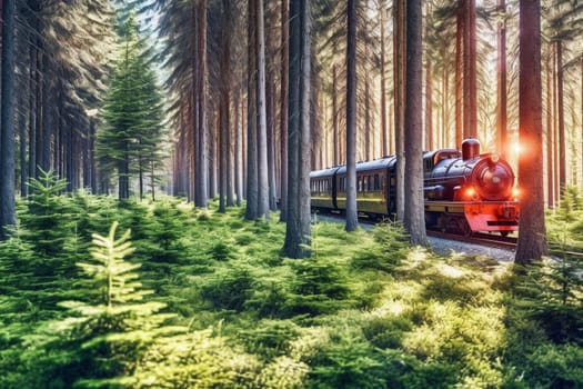 A classic steam-powered locomotive rumbles through a pristine pine forest, its shiny chrome exterior and swirling smoke adding a touch of drama to the serene natural setting. Passengers enjoy the vintage wooden benches and hand-cranked windows as they take in the breathtaking scenery. (generative AI)