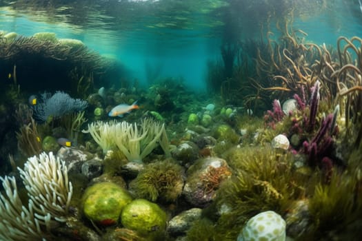 Immerse yourself in a breathtaking aquatic garden, where delicate seagrasses sway in the current and colorful anemones cling to the rocks. A diverse ecosystem of marine life coexists in the vibrant landscape, creating a peaceful and serene underwater paradise. (generative AI)