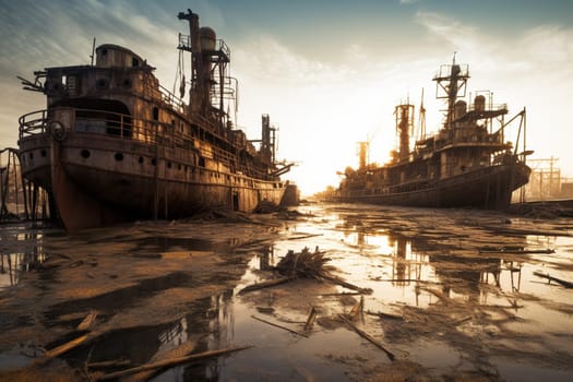 A photographer wanders a post-apocalyptic wasteland, capturing the stark beauty of a world long abandoned. The scene is desolate and surreal, with rusting ships strewn across toxic waters. The photographer captures the harsh, unforgiving nature of this desolate landscape, with its gritty textures and harsh lighting. (generative AI)