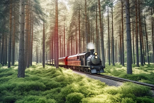 A classic steam-powered locomotive rumbles through a pristine pine forest, its shiny chrome exterior and swirling smoke adding a touch of drama to the serene natural setting. Passengers enjoy the vintage wooden benches and hand-cranked windows as they take in the breathtaking scenery. (generative AI)