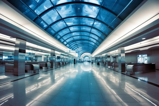 The dynamic and fast-paced world of airports is on full display in this sleek and modern terminal scene. The minimalist design and dramatic lighting create an environment that is both stylish and efficient, while the planes and travelers add to the buzz of the space. (generative AI)