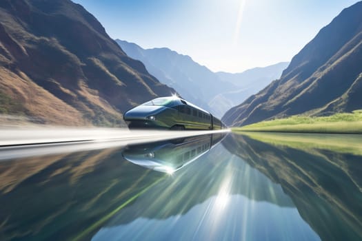 The bullet train rushes through the mountains at incredible speeds, its state-of-the-art technology making the journey smooth and efficient. The view from the train is breathtaking, with rugged mountains and deep valleys stretching for miles in every direction. (generative AI)