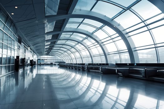 The dynamic and fast-paced world of airports is on full display in this sleek and modern terminal scene. The minimalist design and dramatic lighting create an environment that is both stylish and efficient, while the planes and travelers add to the buzz of the space. (generative AI)