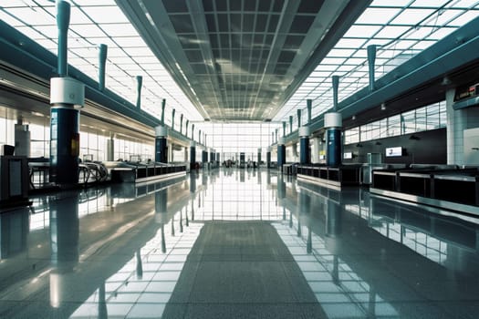 The dynamic and fast-paced world of airports is on full display in this sleek and modern terminal scene. The minimalist design and dramatic lighting create an environment that is both stylish and efficient, while the planes and travelers add to the buzz of the space. (generative AI)