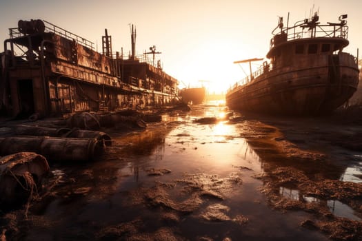 A photographer wanders a post-apocalyptic wasteland, capturing the stark beauty of a world long abandoned. The scene is desolate and surreal, with rusting ships strewn across toxic waters. The photographer captures the harsh, unforgiving nature of this desolate landscape, with its gritty textures and harsh lighting. (generative AI)