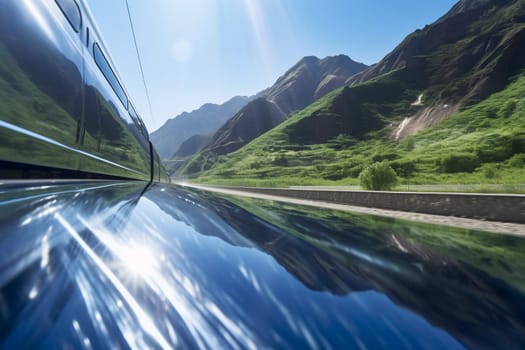 The bullet train rushes through the mountains at incredible speeds, its state-of-the-art technology making the journey smooth and efficient. The view from the train is breathtaking, with rugged mountains and deep valleys stretching for miles in every direction. (generative AI)